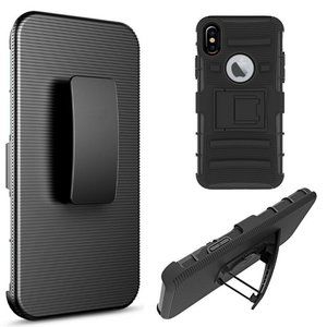 Apple iPhone X Luxmo Hybrid Case Black Skin + Black PC w/ H Style Stand